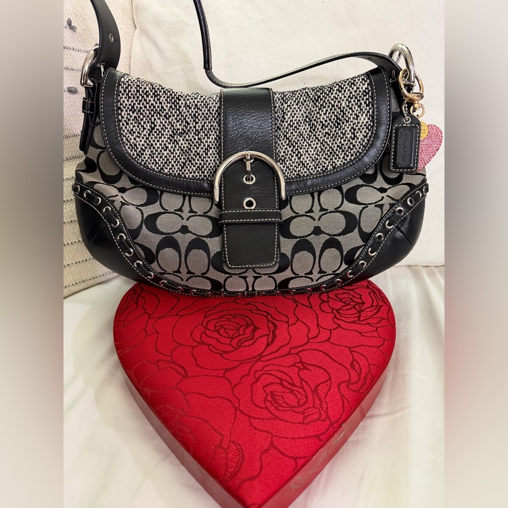 Coach Black and Tan Signature SoHo Shoulder Bag